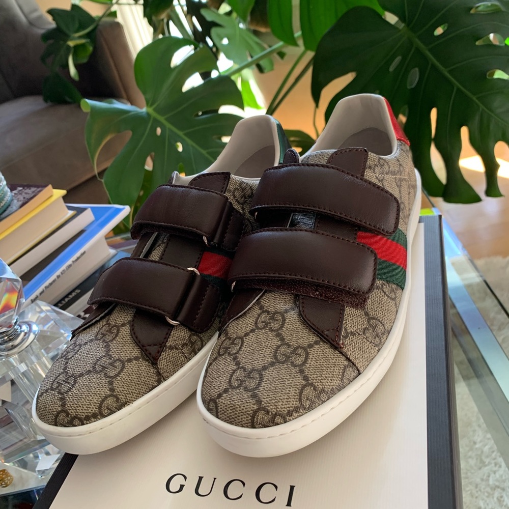SOLD Youth Boys AUTHENTIC Gucci two strap sneakers. Original box and duster bag.